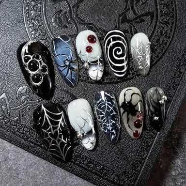 24pcs Halloween Press on Nails Medium Almond Fake Nails with 3D Spider Designs Spider Web False Nails French Tip Acrylic Nail Full Cover Glue on Nails for Women Holiday Nail Decoration - Image 1