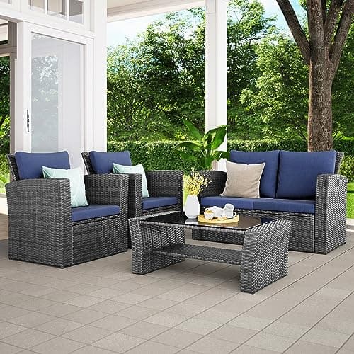Wisteria Lane 4 Piece Patio Furniture Set, Wicker Outdoor Patio Conversation Furniture Set, All Weather Outdoor Patio Sofa with Cushion and Glass Table, Blue - Image 1