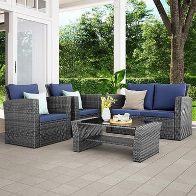 Wisteria Lane 4 Piece Patio Furniture Set, Wicker Outdoor Patio Conversation Furniture Set, All Weather Outdoor Patio Sofa with Cushion and Glass Table, Blue - Image 1