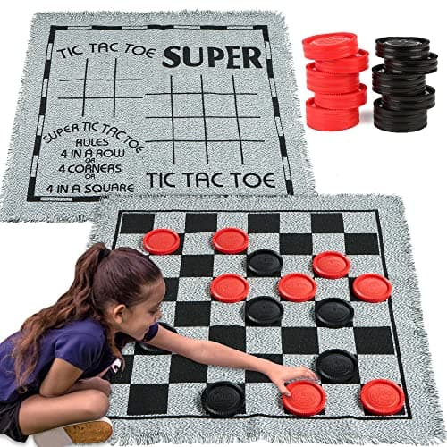 3-in-1 Vintage Giant Checkers, Tic, Tac, Toe, with Reversible Mat, 24 Chips, Family Board Game, Lawn Game, BBQ Party Favor, Indoor and Outdoor Activity for Kids and Adults - Image 1