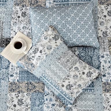 PHF Floral Patchwork Quilt Set Queen Size, 3 Pieces Reversible Lightweight Quilted Bespread for All Season, Ultra Soft Boho Coverlet Bedding Set 90" x 96"with 2 Pillow Shams, Blue - Image 6