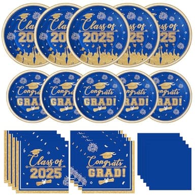 Graduation Plates and Napkins 2025 Graduation Party Supplies, Class of 2025 Congrats Grad Disposable Paper Plates Cocktail Napkins Set for Blue and Gold 2025 Graduations Party Decorations, Serve 25 - Image 1