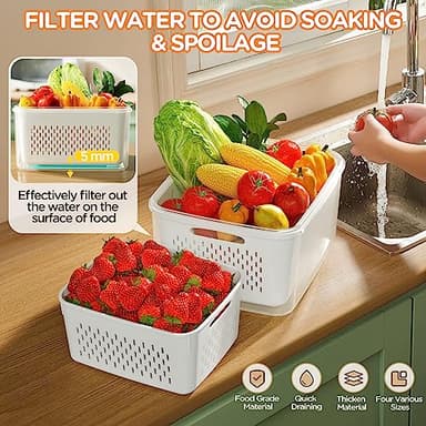 5-Pack Fruit Storage Containers for Fridge with Removable Colanders, 4 in 1 Produce Storage Containers with Lids, Leakproof Fridge Organizer Bins for Salad Berry Lettuce Vegetables Meat Keeper Fresh - Image 3