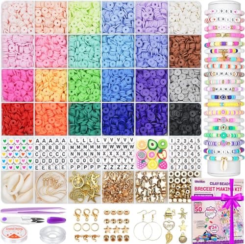 Gionlion 6000 Clay Beads Bracelet Making Kit, 24 Colors Flat Preppy Beads for Friendship Bracelets, Polymer Clay Bead with Charms for Jewelry Making, Crafts Gifts for Girls Ages 6-12 - Image 1