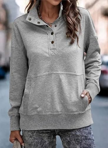 SHEWIN Womens Sweatshirt Casual Long Sleeve Lightweight Sweatshirts Loose Button V Neck Pullover Tops Fall Clothes for Women 2025,US 8-10(M),Grey - Image 3