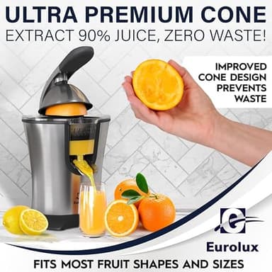 Eurolux Premium Electric Orange Juicer | Stainless Steel Citrus Squeezer With New Ultra-Powerful Motor and Soft Grip Handle for Effortless Juicing, Auto Shutoff, Dishwasher-safe Parts, Pulp Control - Image 4