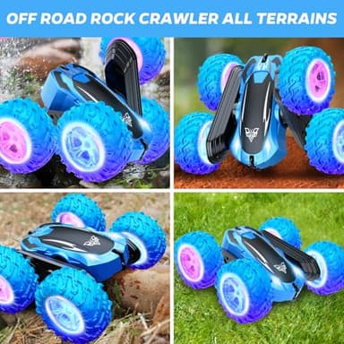 KKONES Remote Control Car, 2.4GHz Double Sided 360° Flips Rotating Electric Race RC Stunt Car, LED Wheel & Headlight High Speed Off Road Cars Toy Gift for 3 4 5 6 7 8-12 Year Old Boy Toys (Blue) - Image 6