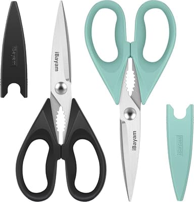 Kitchen Shears, iBayam Kitchen Scissors All Purpose Heavy Duty Meat Poultry Shears, Dishwasher Safe Food Cooking Stainless Steel Utility Scissors, Home Apartment Essentials, 2-Pack, Black, Aqua Sky - Image 1