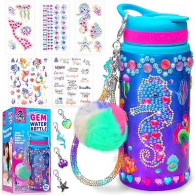 PURPLE LADYBUG Decorate Your Own Water Bottle for Girls, 22oz - Mermaid Peel-and-Stick Gemstones, Charms & Stickers Craft Set, Great Birthday Gifts for Girls 5-10 Years Old, Christmas Gift for Girl - Image 1