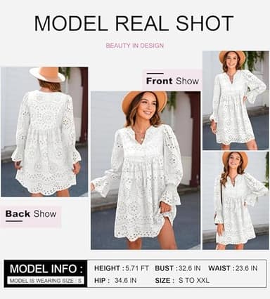 Dokotoo Eyelet Dresses for Women 2025 Tassel V Neck Cotton Midi Dress Long Sleeve A Line Hollow Out White Lace Dress Fashion Elegant White Sun Dress XX-Large - Image 5