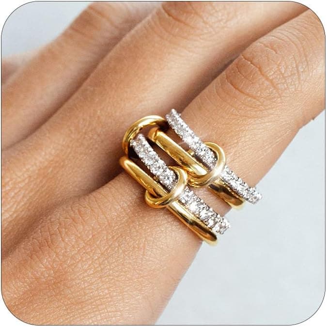TLY Stackable Gold Rings for Women 18K Gold Plated Interlocking Ring Stack Set Gold Silver Mixed Metal Statement Rings Waterproof Dainty Cubic Zirconia CZ Fashion Connected Band Thumb Ring Size 4-11 Christmas Gifts Stocking Stuffers - Image 1