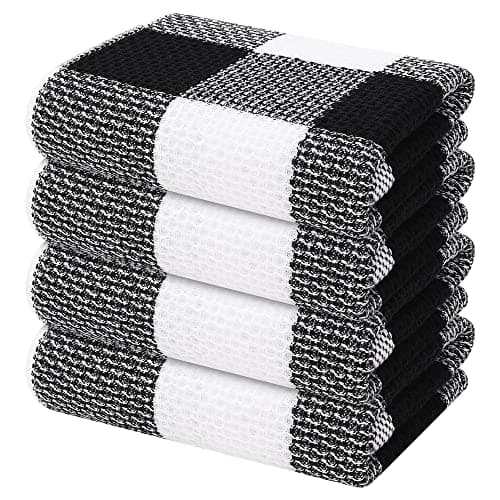 Mordimy 100% Cotton Waffle Weave Kitchen Towels, 13 x 28 Inches, Super Soft and Absorbent Buffalo Check Dish Towels for Drying Dishes, 4-Pack, Black & White - Image 1