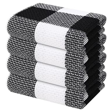 Mordimy 100% Cotton Waffle Weave Kitchen Towels, 13 x 28 Inches, Super Soft and Absorbent Buffalo Check Dish Towels for Drying Dishes, 4-Pack, Black & White - Image 1
