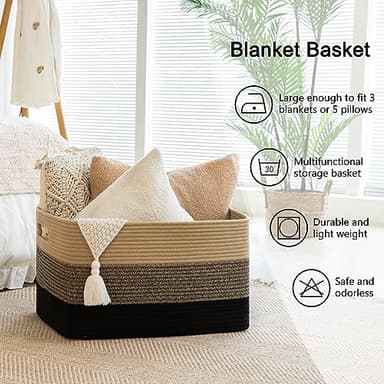 OIAHOMY Large Blanket Basket, 22”x17”x12” Rectangle Woven Baskets, Nursery Blanket Storage Living Room, Toy Storage With Handle, Large Baskets for Organizing-Yellow Black - Image 6