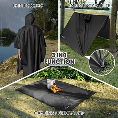 PTEROMY Hooded Rain Poncho for Adult with Pocket, Waterproof Lightweight Unisex Raincoat for Hiking Camping Emergency (Black) - Image 2