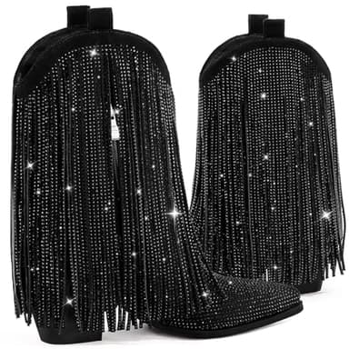 Ouepiano Black Cowboy Boots for Women - Black Cowgirl Rhinestone Boots with Sparkly Fringe Pointed Toe Western Boot Chunky Heel Pull-On Wide Calf Botas Vaqueras Size 9 - Image 7