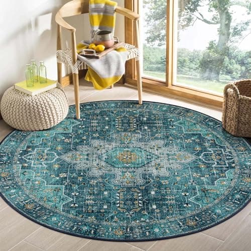 Moynesa Ultra-Thin Washable Round Rug - 4ft Oriental Circle Area Rugs for Bedroom Entryway, Teal Vintage Non Slip Non Shedding Low Pile Carpet for Living Room Coffee Table Kitchen - Image 1