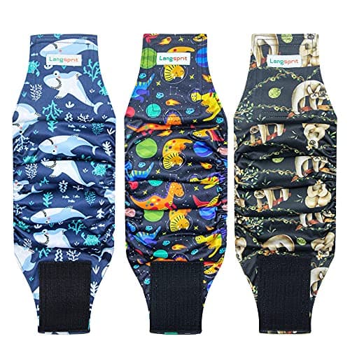 Langsprit Male Belly Bands for Dogs (Pack of 3) - Dog Diapers Male - High Absorbing Dog Wraps Washable - Reusable Small Doggy Doggie Puppy Dog Diapers (Sloth,Whale,Dinosaur, Small) - Image 1