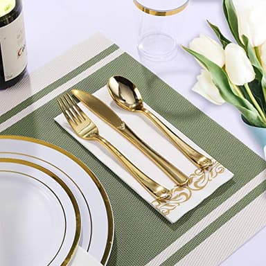 FOCUSLINE 350 Ct Disposable Dinnerware Set for 50 Guests -Heavy Duty Plastic Plates with Gold Rim, Includes 50 Dinner & Salad Plates, Cups, Napkins, Cutlery Set - Image 2