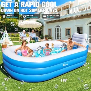 Large Inflatable Swimming Pool for Kids and Adults,Thickened Adult Pool for Backyard with Seat and Backrest, Kids Outdoor Blow up Pools,118"X75"X22"Inflatable Pools for Summer (Sky Blue) - Image 2