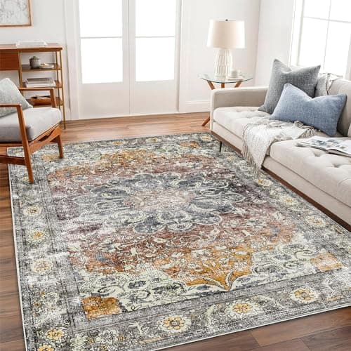 CHAMPLANT Area Rug 8x10 Washable Rug Taupe Vintage Traditional Mat Distressed Indoor Foldable Thin Retro Accent Rug Floral Print Non Slip Carpet Living Room Dining Room Office - Image 1