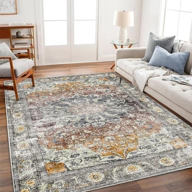 CHAMPLANT Area Rug 8x10 Washable Rug Taupe Vintage Traditional Mat Distressed Indoor Foldable Thin Retro Accent Rug Floral Print Non Slip Carpet Living Room Dining Room Office - Image 1