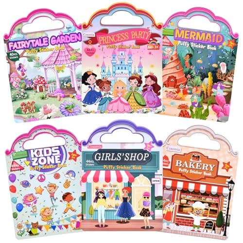 6 Set (260pcs) Puffy Sticker Books Activity for Girls, Fairytale Garden, Princess Party, Mermaid, Kids Zone, Girls' Shop, 3D Reusable Stickers, Travel Sticker Books for Kids Ages 3+ - Image 1