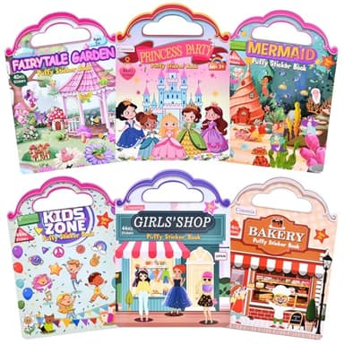 6 Set (260pcs) Puffy Sticker Books Activity for Girls, Fairytale Garden, Princess Party, Mermaid, Kids Zone, Girls' Shop, 3D Reusable Stickers, Travel Sticker Books for Kids Ages 3+ - Image 1