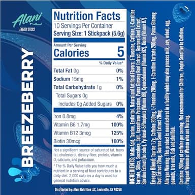 Alani Nu BREEZEBERRY, Energy Sticks Drink Powder, 200mg Caffeine, Pre Workout Performance with Antioxidants, On-The-Go Drink Mix, Biotin, B Vitamins, Zero Sugar, 5 Calories, 10 Pack - Image 2