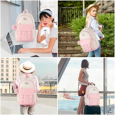 WINDARS School Backpack for Teen Girls, Cute College Backpacks for Women Students Aesthetic Bookbag Large 15.6 Inch Laptop Bag Middle School Travel Back Pack (Pink Beige) - Image 6