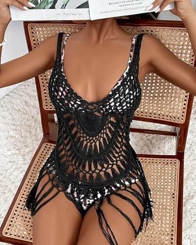 Ekouaer Women Beach Swimsuit Coverups 2025 Sleeveless Crochet Bathing Suit Cover Up Sexy Vacation Outfits Swimwear Dress Black - Image 2