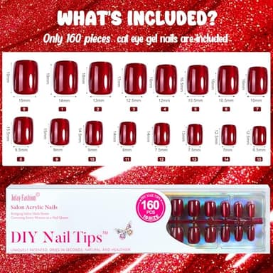 Cat Eye Press on Nails Red - 5 Styles Red Press on Nails Short Square, Soft Gel x Coat Nails False Nails, Bt Art Box Press On Nails in 16 Sizes -160 PCS Soft Gel Fake Nails Kit - Image 5