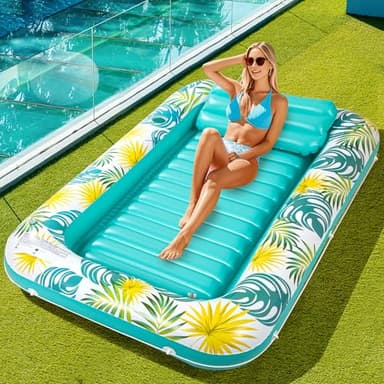 Panadajoy Tanning Pool Floats for Adults with Cup Holder & Pillow, Thick UV-Resistant PVC Portable Float for Backyard, Pool, Lake - Compact Design, Easy Inflation, Durable for Tanning & Relaxation - Image 1