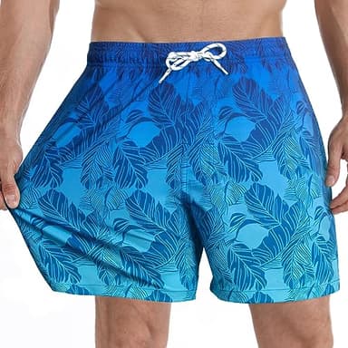 zeetoo Mens Swim Trunks with Compression Liner 5.5" Inseam Shorts Bathing Suit Quick Dry Swimsuit Gradient-Leaf-Blue L - Image 4