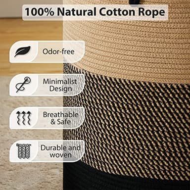 Fiona's magic 72L Large Woven Laundry Hamper, Tall Cotton Rope Storage Basket, Jute Baby Nursery Hamper for Blankets, Toys and Clothes in Bedroom and Living Room Organizing, Brown & Black - Image 4
