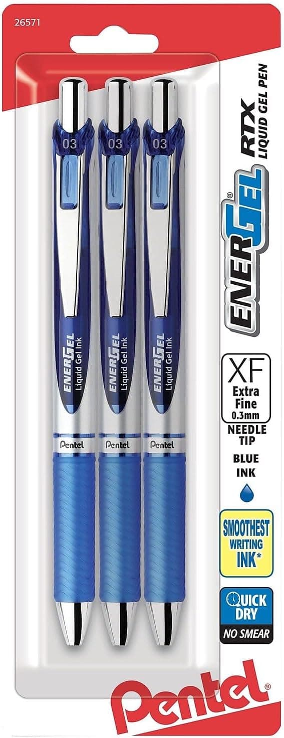 Pentel EnerGel RTX Retractable Liquid Gel Pen, (0.3mm), Needle Tip, Extra Fine Line, Blue Ink, Pack of 3 (BLN73BP3C - Image 1