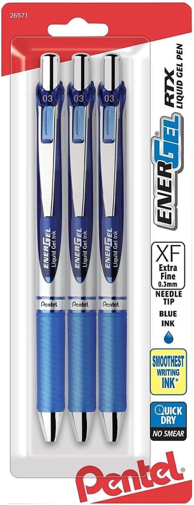 Pentel EnerGel RTX Retractable Liquid Gel Pen, (0.3mm), Needle Tip, Extra Fine Line, Blue Ink, Pack of 3 (BLN73BP3C - Image 1