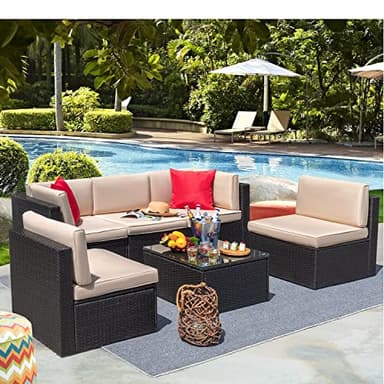 Devoko Patio Furniture Sets 6 Pieces Outdoor Sectional Rattan Sofa Manual Weaving Wicker Patio Conversation Set with Glass Table and Cushion (Beige) - Image 9
