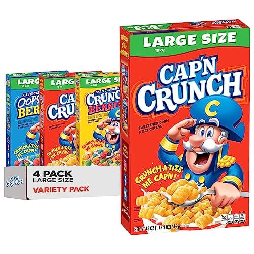 Cap'n Crunch Cereal, 3 Flavor Variety Pack, Large Size Boxes, (4 Pack) - Image 1