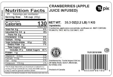 Yupik Cranberries Apple Juice Infused, 2.2 lb, Gluten-Free, Kosher, Vegan, Dried Fruits, No Added Sugar, Plump & Chewy, Source of Fiber, Healthy Snacks, Ideal for Baking & Topping - Image 2