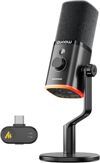 MAONO PD100W Wireless/USB Microphone, PC Gaming Mic with One-Click Noise Reduction,Mute Button,Custom RGB, 3.5mm Headphone Jack, Desktop Dynamic Streaming Mic for Recording,Podcasting, Black - Image 1