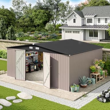 Aoxun 14x12 FT Shed Outdoor Storage Shed 800CUFT, Steel Utility Tool Shed Storage House with Door & Lock, Metal Sheds Outdoor Storage for Garden Patio Lawn Poolside, Brown - Image 2
