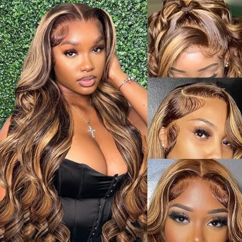 Honey Blonde Ombre Lace Front Wig Human Hair Highlight Body Wave 13X6 Lace Front Wigs Human Hair Pre Plucked HD Frontal 180 Density Glueless 4/27 Highlighted Human Hair Wig 26 Inch - Image 1