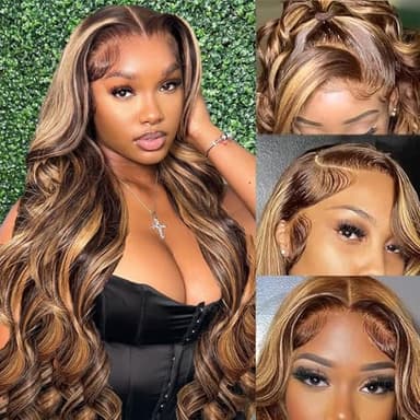 Honey Blonde Ombre Lace Front Wig Human Hair Highlight Body Wave 13X6 Lace Front Wigs Human Hair Pre Plucked HD Frontal 180 Density Glueless 4/27 Highlighted Human Hair Wig 26 Inch - Image 1