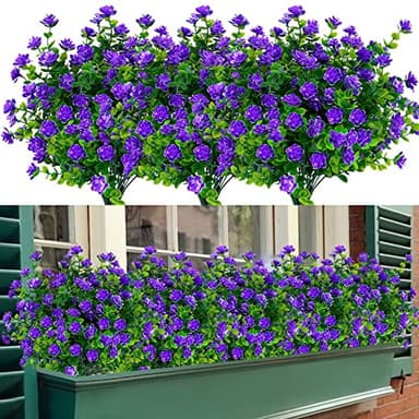 TEMCHY 24 Bundles Outdoor Artificial Fake Flowers No Fade UV Resistant Faux Plastic Plants for Hanging Planter Patio Yard Wedding Indoor Home Kitchen Farmhouse Décor (Purple) - Image 1