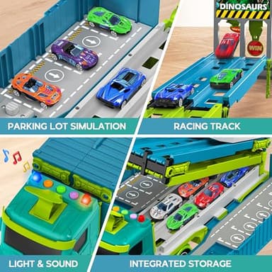 Carrier Truck Race Track Toddler Toys, Foldable 3 Layer Toddler Track Playset, Dinosaur Toy Truck Transport Car Carrier & 8 Race Cars, Truck Car Kids Toy Gifts for Age 3 4 5 6+ Year Old Boys Girls - Image 4