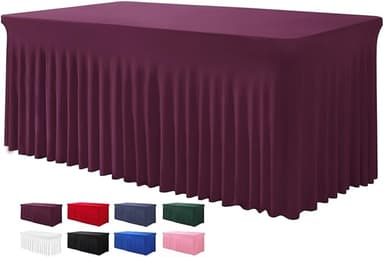 Table Skirts for Rectangle Tables 8ft - One-Piece Burgundy Tablecloths and Skirt, Wrinkle Resistant Ruffles Elastic Cover for Banquets, Weddings, Events, Parties - Image 1
