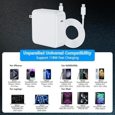 IEFUU 118W USB C Laptop Charger Compatible with MacBook Pro/MacBook Air 2022|2021|2020|2019|2018,Type-C PD Power Adapter Compatible with iPhone 16 Pro Max iPad Pro Air with 6.6ft C-C Fast Charge Cable - Image 2