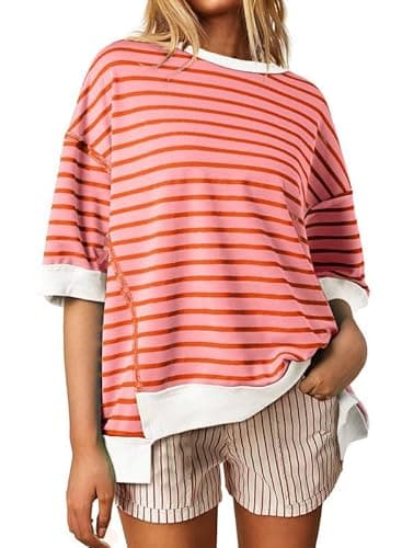 SHEWIN Womens T Shirts Crewneck Short Sleeve Summer Tops Loose Color Block Sweatshirt Knitted Top Blouses Dressy Casual Fall Tops for Women Trendy Orange Stripe S - Image 4