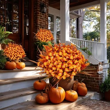 AXYLEX Artificial Fall Flowers Outdoor Fake Mums - 16 Bundles Fake Plants UV Resistant No Fade Faux Plastic Greenery Garden Porch Patio Fall Home Decor (1, OrangeGreen) - Image 7